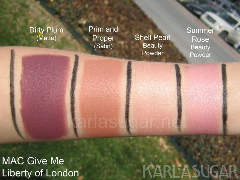 MAC-Liberty-of-London-Blushes-Heavy MAC, Liberty of London, swatches, Dirty Plum, Prim and Proper, Shell Pearl, Summer Rose