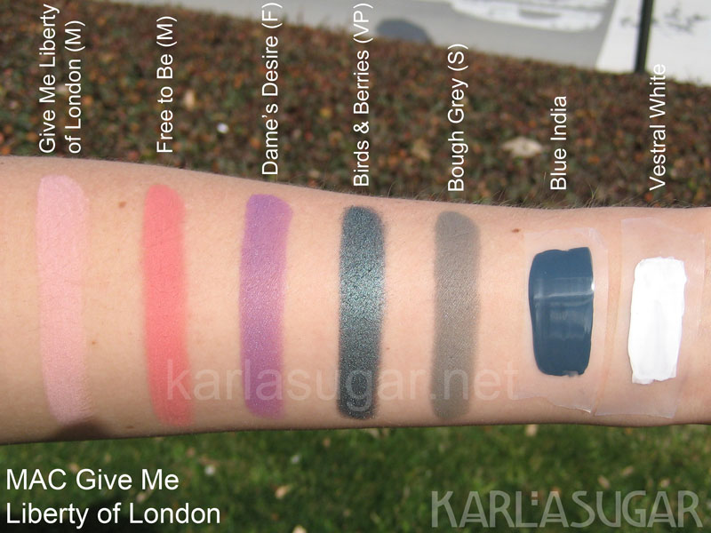 MAC-Liberty-of-London-eyeshadow-and-polish MAC, Liberty of London, swatches, Give Me Liberty of London, Free to Be, Dame's Desire, Birds and Berries, Bough Grey, Blue India, Vestral White