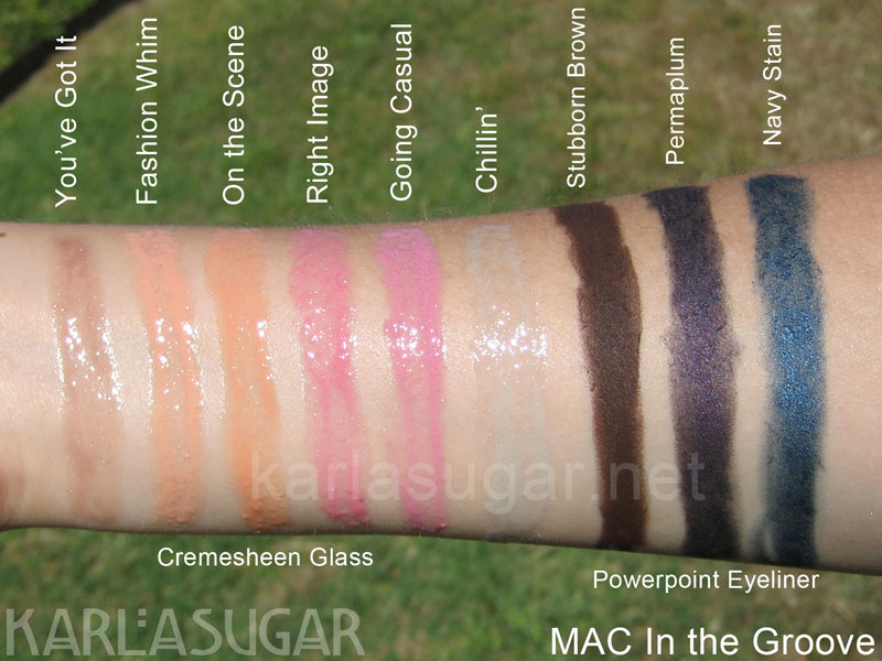 MAC-In-the-Groove-gloss-and-eyeliner MAC, In the Groove, swatches, Cremesheen Glass, You've Got It, Fashion Whim, On the Scene, Right Image, Going Casual, Chillin', Powerpoint, Stubborn Brown, Permaplum, Navy Stain, KarlaSugar, Karla Sugar