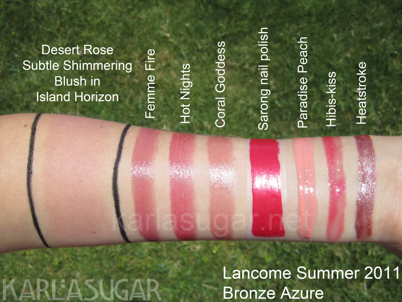 Lancome-Summer-2011-Bronze-Azure-cheek-lips-nails Lancome, summer 2011, Bronze Azure, swatches, Desert Rose Subtle Shimmering Blush, Island Horizon, Femme Fire, Hot Nights, Coral Goddess, Sarong, Paradise Peach, Hibis-kiss, Heatstroke, KarlaSugar, Karla Sugar