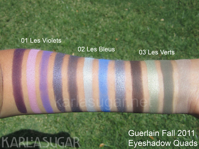 Guerlain-Fall-2011-Quads-Violets-Bleus-Verts Guerlain, fall 2011, eyeshadow quads, swatches, 01 Les Violets, 02 Les Bleus, 03 Les Verts, KarlaSugar, Karla Sugar