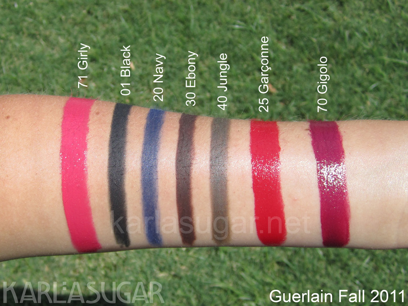 Guerlain-Fall-2011-lips-and-khol Guerlain, fall 2011, Crayon Yeux, eyeliner, kohl, khol, swatches, 01 Khol Me Black, 20 Khol Me Navy, 30 Khol Me Ebony, 40 Khol Me Jungle, Rouge G de Guerlain, 71 Girly, 25 Garconne, 70 Gigolo, KarlaSugar, Karla Sugar