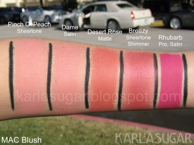 MAC, blush, Pinch O' Peach, Dame, Desert Rose, Breezy, Rhubarb, swatches
