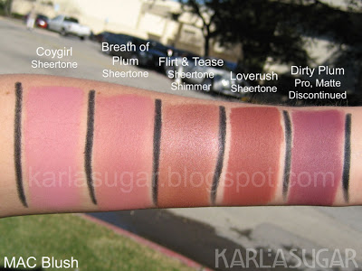 MAC, blush, swatches, Coygirl, Breath of Plum, Flirt and Tease, Loverush, Dirty Plum