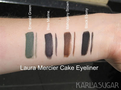 Laura Mercier, cake liner, eyeliner, Emerald Green, Bleu Marine, Mahogany Brown, Black Ebony, swatches