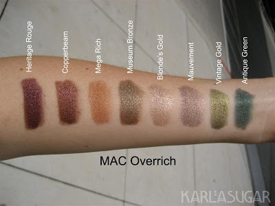 MAC, Overrich, pigment, swatches, Heritage Rouge, Copperbeam, Mega Rich, Museum Bronze, Blonde's Gold, Mauvement, Vintage Gold, Antique Green