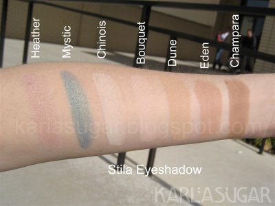 Stila, swatches, Heather, Mystic, Bouquet, Dune, Eden, Champara