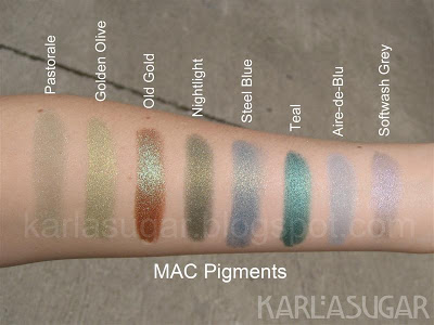 MAC, pigment, swatches, Pastorale, Golden Olive, Old Gold, Nightlight, Steel Blue, Teal, Aire-de-Blu, Softwash Grey
