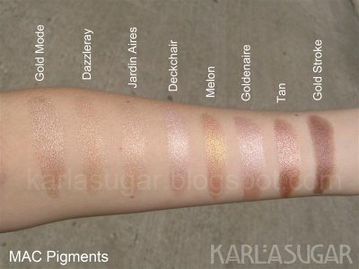 MAC, pigment, swatches, Gold Mode, Dazzleray, Jardin Aires, Deckchair, Melon, Goldenaire, Tan, Gold Stroke