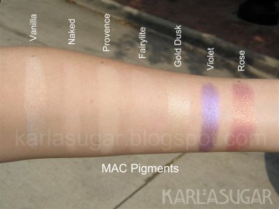 MAC, pigment, swatches, Vanilla, Naked, Provence, Fairylite, Gold Dusk, Violet, Rose