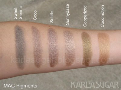 MAC, pigment, swatches, Sweet Sienna, Coco, Subtle, Sunnydaze, Copperized, Cocomotion