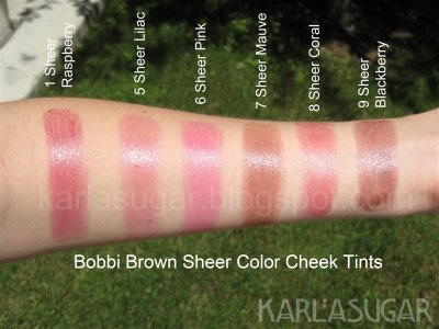 Bobbi Brown, Sheer Color Cheek Tints, swatches, Sheer Raspberry, Sheer Lilac, Sheer Mauve, Sheer Coral, Sheer Blackberry, Sheer Pink