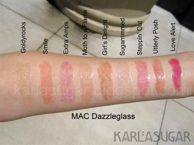 MAC, Dazzleglass, swatches, Goldyrocks, Smile, Extra Amps, Moth to a Flame, Girl's Delight, Sugarrimmed, Steppin' Out, Utterly Posh, Love Alert