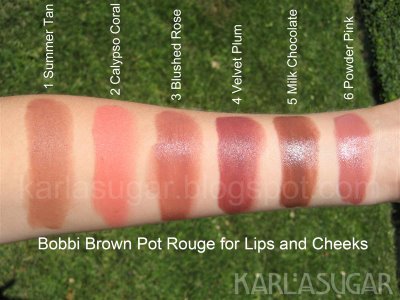 Bobbi Brown, Pot Rouge, swatches, Summer Tan, Calypso Coral, Blushed Rose, Velvet Plum, Milk Chocolate, Powder Pink