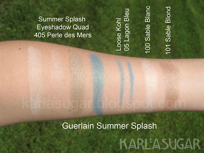 Guerlain, swatches, eyeshadow, quad, palette, Summer Splash, Perle des Mers, loose kohl, Lagon Bleu, Lagoon Blue, Sable Blanc, Sable Blond