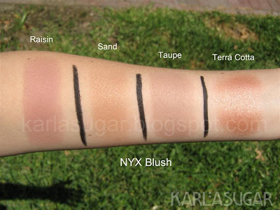 NYX, blush, swatches, Raisin, Sand, Taupe, Terra Cotta, Terracotta