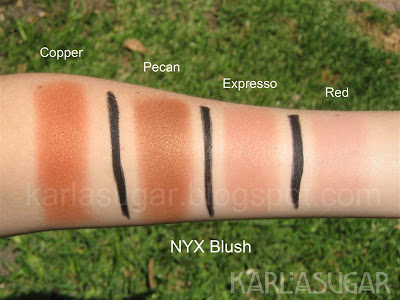 NYX, blush, swatches, Copper, Pecan, Expresso, Red