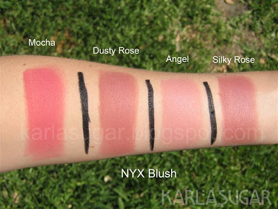 NYX, blush, swatches, Mocha, Dusty Rose, Angel, Silky Rose
