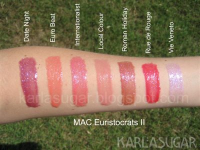 MAC, Euristocrats II, swatches, Date Night, Euro Beat, Internationalist, Local Colour, Roman Holiday, Rue de Rouge, Vie Veneto