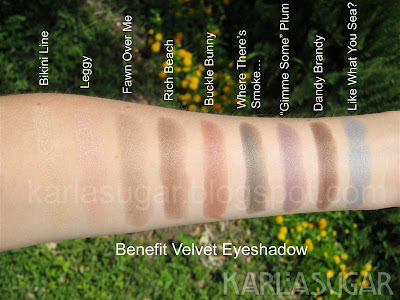 Benefit, velvet, eyeshadow, shadow, swatches, Bikini Line, Leggy, Fawn Over Me, Rich Beach, Buckle Bunny, Where There's Smoke, Gimme Some Plum, Dandy Brandy, Like What You Sea