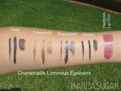 Chantecaille, Luminous Eye Liner, Luminous Eyeliner, swatches, Viola, Crescendo, Pianissimo, Tempo, Heirloom, Lip Chic