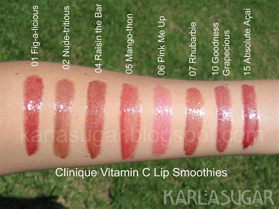 Clinique, lip smoothie, Fig-a-licious, Nude-tritious, Raisin the Bar, Mango-thon, Pink Me Up, Rhubarbie, Goodness Grapecious, Absolute Acai