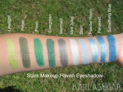 Stars Makeup Haven, SMH, eyeshadow, swatches, Limelight, Regal, Fresh, Evergreen, Mermaid, Mint Julep, Glam, Powder Room, Parakeet, Something Blue