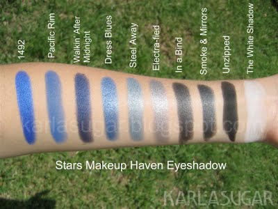 Stars Makeup Haven, SMH, eyeshadow, swatches, 1492, Pacific Rim, Walking After Midnight, Walkin' After Midnight, Dress Blues, Steel Away, Electrafied, Electra-fied, In a Bind, Smoke and Mirrors, Smoke & Mirrors, Unzipped, The White Shadow