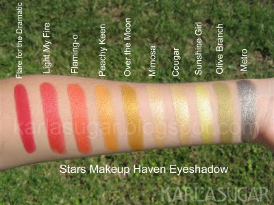 Stars Makeup Haven, SMH, eyeshadow, swatches, Flare for the Dramatic, Flair for the Dramatic, Light my Fire, Flamingo, Flaming-o, Peachy Keen, Over the Moon, Mimosa, Cougar, Sunshine Girl, Olive Branch, Metro