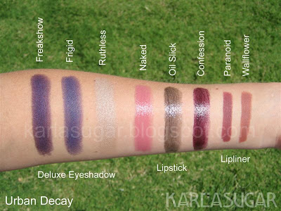 Urban Decay, swatches, Deluxe Eyeshadow, Ruthless, Frigid, Freakshow, lipstick, Naked, Oil Slick, Confession, lip liner, Paranoid, Wallflower