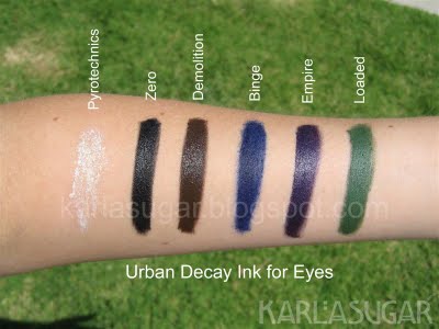 Urban Decay, Ink for Eyes, cream liner, Pyrotechnics, Zero, Demolition, Binge, Empire, Loaded