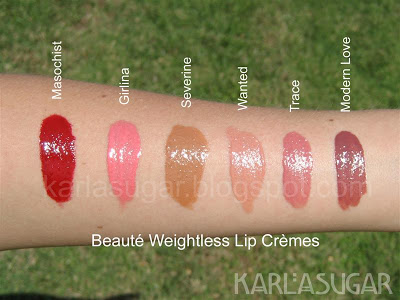 Beaute, Weightless, Lip Cremes, Lip Creams, liquid lipstick, Masochist, Girlina, Severine, Wanted, Trace, Modern Love