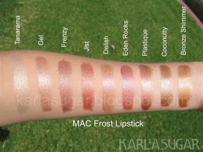 MAC, Frost, lipstick, swatches, Tanarama, Gel, Frenzy, Jist, Delish, Eden Rocks, Plastique, Coconutty, Bronze Shimmer