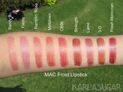 MAC, Frost, lipstick, swatches, Sandy B, Fabby, Ramblin' Rose, Meltdown, CB96, Strength, Lame, 3-D, Fresh Moroccan