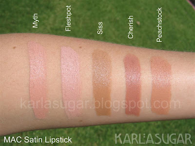 MAC, Satin, lipstick, swatches, Myth, Fleshpot, Siss, Cherish, Peachstock