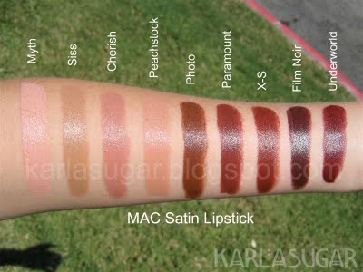 MAC, Satin, lipstick, swatches, Myth, Siss, Cherish, Peachstock, Photo, Paramount, X-S, Film Noir, Underworld