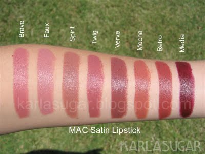 MAC, Satin, lipstick, swatches, Brave, Faux, Spirit, Twig, Verve, Mocha, Retro, Media