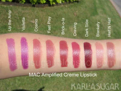 MAC, lipstick, Amplified Creme, swatches, Up the Amp, Violetta, Cosmo, Fast Play, Brick-o-la, Craving, Dark Side, Blankety, Half N Half