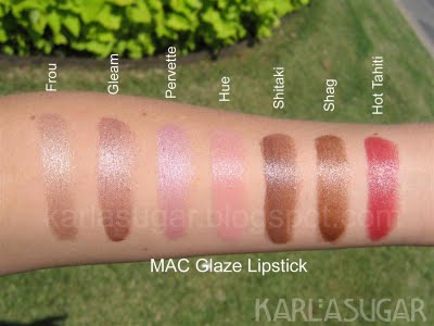 MAC, Glaze, lipstick, swatches, Frou, Gleam, Pervette, Hue, Shitaki, Shag, Hot Tahiti