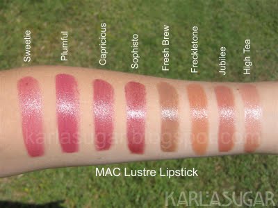 MAC, lipstick, Lustre, swatches, Sweetie, Plumful, Capricious, Sophisto, Fresh Brew, Freckletone, Jubilee, High Tea, 