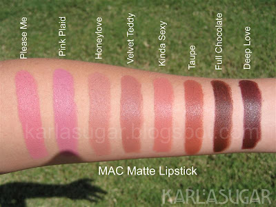 MAC, Matte, lipstick, swatches, Please Me, Pink Plaid, Honeylove, Velvet Teddy, Kinda Sexy, Taupe, Full Chocolate, Deep Love