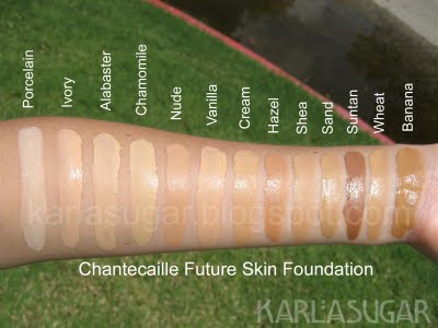 Chantecaille, Future Skin, foundation, swatches, Porcelain, Ivory, Alabaster, Chamomile, Nude, Vanilla, Cream, Hazel, Shea, Sand, Suntan, Wheat, Banana