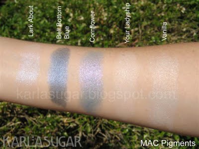 MAC, pigment, swatches, Lark About, Bell Bottom Blue, Cornflower, Your Ladyship, Vanilla