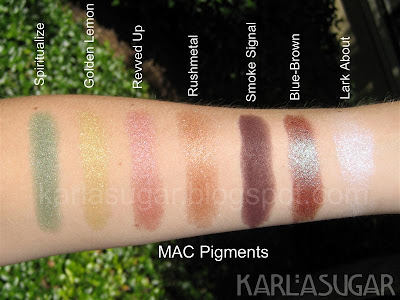 MAC, pigment, swatches, Spiritualize, Golden Lemon, Revved Up, Rushmetal, Smoke Signal, Blue-Brown, Lark About