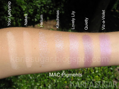 MAC, pigment, swatches, Your Ladyship, Naked, Helium, Kitschmas, Lovely Lily, Quietly, Viz-a-Violet