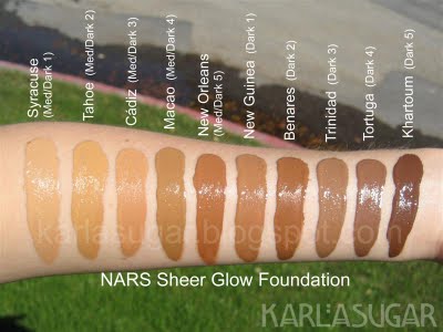 NARS, Immaculate Complexion, Sheer Glow, Sheer Matte, foundation, swatches, Syracuse, Tahoe, Cadiz, Macao, New Orleans, New Guinea, Benares, Trinidad, Tortuga, Khartoum