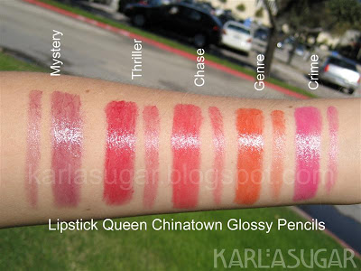 Lipstick Queen, Chinatown, Glossy Pencils, swatches, Mystery, Thriller, Chase, Genre, Crime