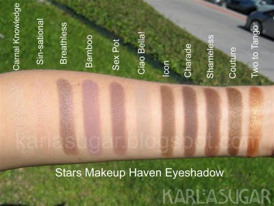 Stars Makeup Haven, SMH, swatches, Carnal Knowledge, Sin-sational, Breathless, Bamboo, Sex Pot, Ciao Bella!, Icon, Charade, Shameless, Couture, Two to Tango