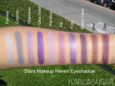 Stars Makeup Haven, SMH, eyeshadow, swatches, Fantasy, Calypso, Striptease, Ultra Violet, Pandora, Fifi, Foxy, Raisin' Cane, Glitz, Chic