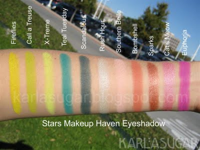 Stars Makeup Haven, SMH, eyeshadow, swatches, Fireflies, Call a Treuse, X-Treme, Teal Tuesday, Scandalous, Rush Hour, Southern Belle, Bombshell, Sparks, Cat's Meow, Euphoria